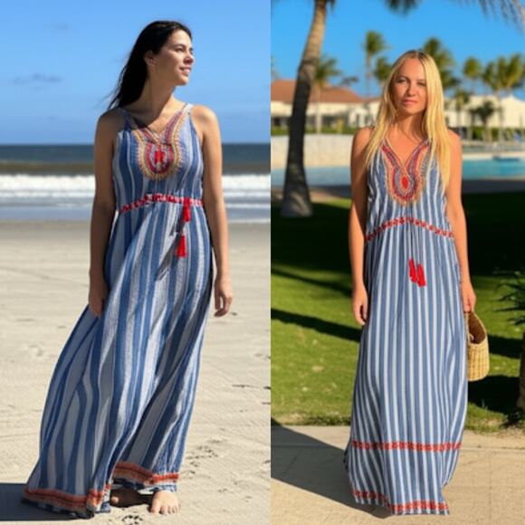 Thml Bohemian Embroidered Blue Striped Maxi Dress - Picture 1 of 6
